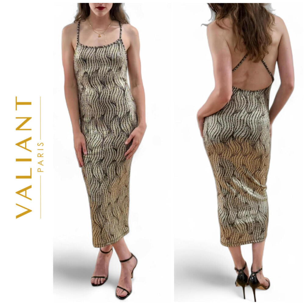 NWT VALIANT PARIS | SZ L | Stunning Bodycon Gold Metallic Black Midi Dress $148